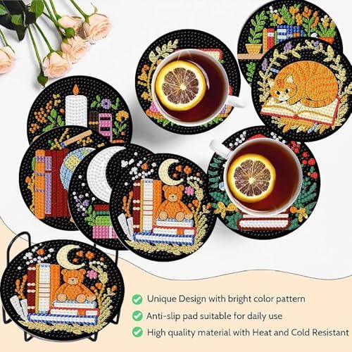 Clendo 8 Pcs 5D Book Diamond Art Coasters Kits with Holder, Diamond Painting Coasters Set for Adults, Small Mini Diamond Dots Kit for Beginners DIY Art Craft Home Decor - Image 2