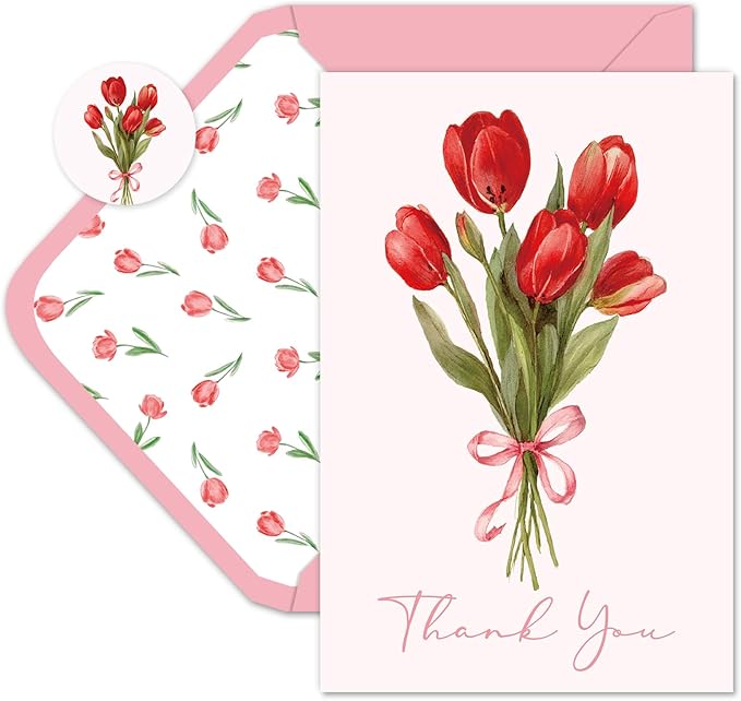 Whaline 24 Pack Tulip Flower Thank You Cards Greeting Cards Pink Floral Blank Note Card with Envelopes Stickers for Spring Mother's Day Wedding Bridal Baby Shower Birthday, 4 x 6 Inch