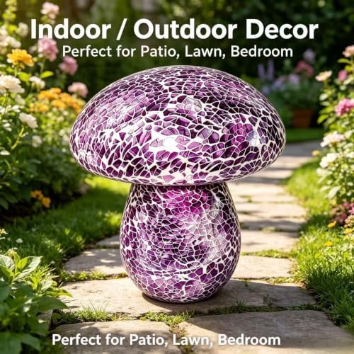 Mosaic Mushroom Table Lamp, Handmade LED Night Light, Battery‑Operated Cordless Desk Decor, Purple - Image 3
