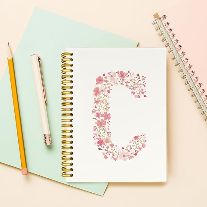 Pink Cute Spiral Notebook Journal, Preppy Floral Initial Letter C Personalized Journaling Notebooks, Monogrammed Gifts for Women Girls, Botanical Hardcover Spiral Lined Notebook 5.5 x 8.3