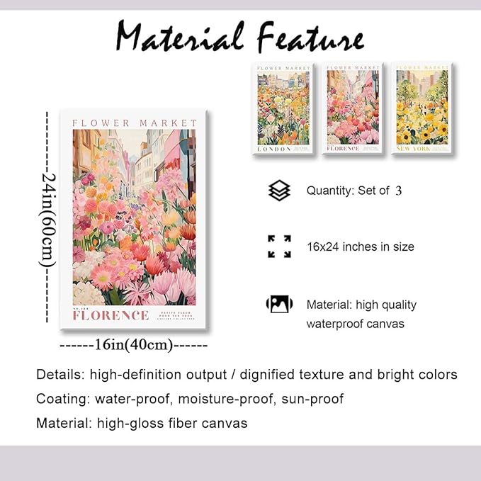 XLARTMY Flower Market Wall Art Print Canvas Framed Yellow Pink Floral Paintings Colorful Botanical Sunflower Artwork Travel Poster for Decor Picture 3 pieces for Living Room Bedroom Bathroom 16x24in