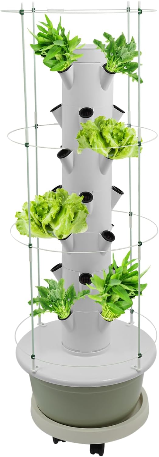 Hydroponic Growing Tower Kit, 7-Tier 28 Plant Hydroponic Indoor Vertical Garden with Climbing Trellis & Timer, Vertical Hydroponics System for Lettuce, Strawberries, Herbs, Vegetables, White