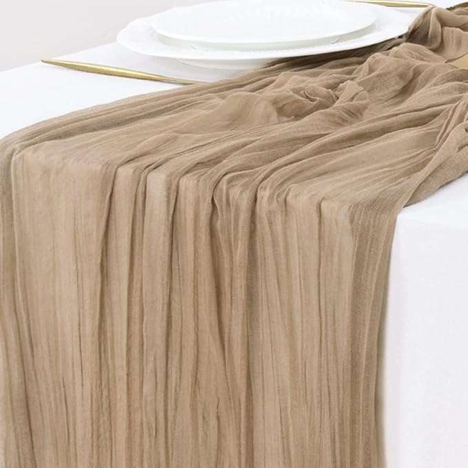 Socomi 3pcs Nude Brown Cheesecloth Table Runner Valentine's Day Boho Rustic Gauze 120 inch 10FT Cheese Cloth Runner for Wedding Party Baby Shower Birthday Home Decor Holiday Decorations