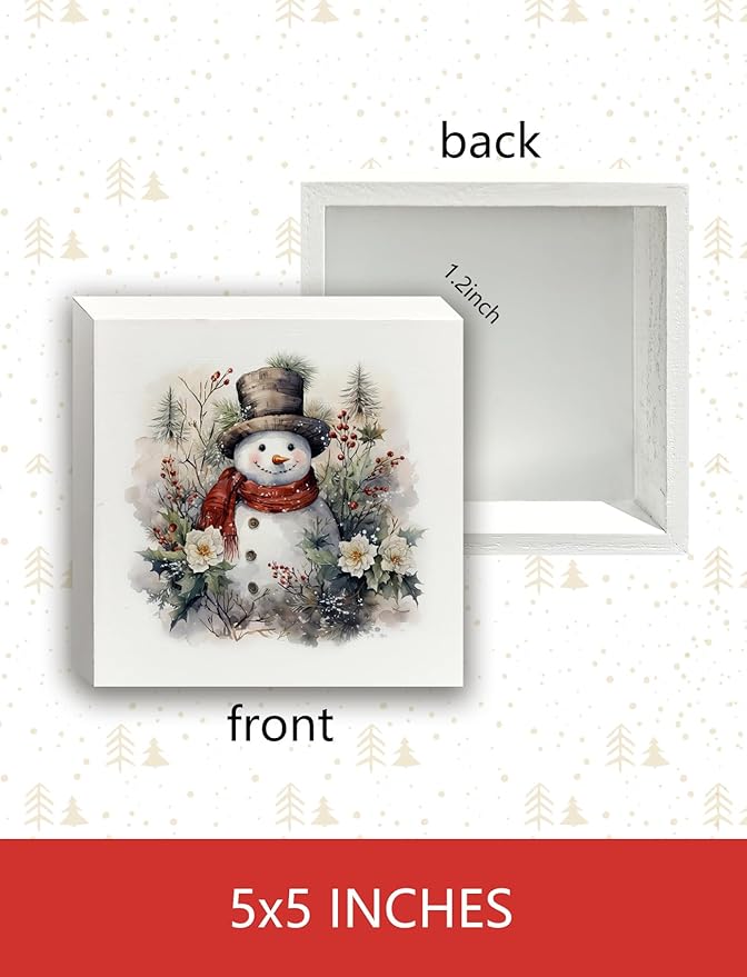 Vintage Christmas Snowman Wooden Box Sign,Farmhouse Winter Christmas Wood Signs for Home Office Desk Shelf Table Decor,Snowman Decorations,Winter Decorative Signage,5x5 Inch
