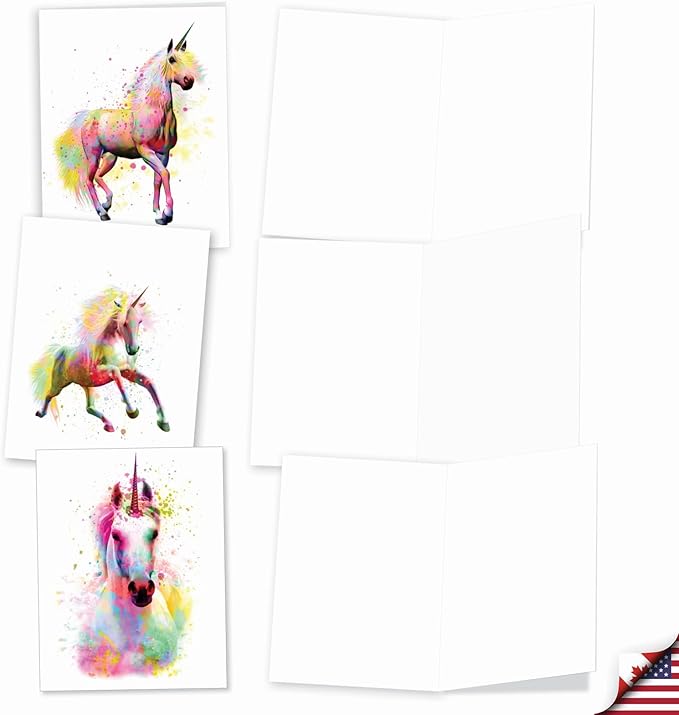 The Best Card Company Assorted Watercolor Blank Greeting Card Box Set - Incl. 10 Notecards + Envelopes, 20 Unique Designs for Thank You, Invitations, More - Funky Rainbow Unicorns AM6748OCB-B2x10-NB