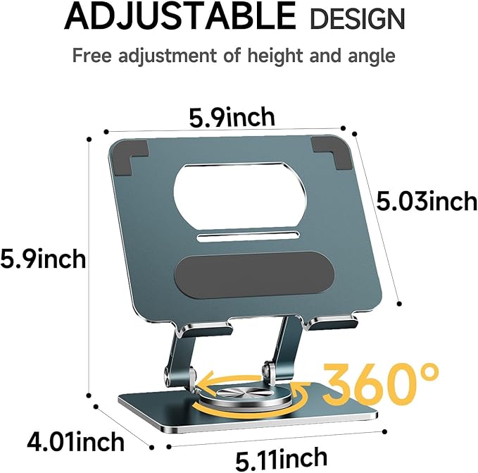 iPad Stand for Desk, Tablet Holder with Thickened 360° Rotating Base Dual Rod Adjustable Aluminum Stand for All 4-12.9’’ iPad Surface Samsung Phone Tablet Kindle E-Reader and More, Space Gray