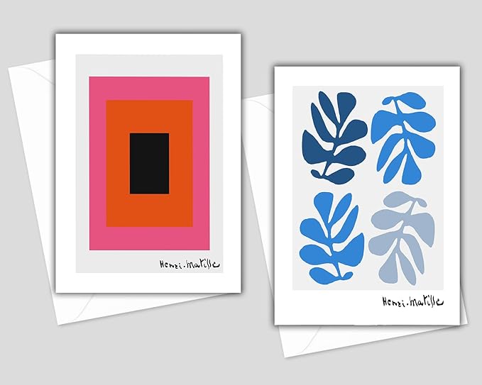 Matisse & Picasso Greeting Cards - Set of 10 All Occasion 5x7 Note Cards with Envelopes. Blank Inside. Assorted Modern Abstract Minimalist Designs.