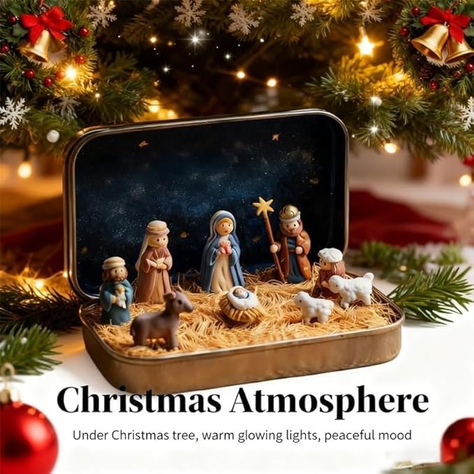 Mini Christmas Nativity Set in a Tin Box, Handcrafted Pocket Bethlehem Scene, Portable Holy Family Display, Small Religious Ornament, for Desk, Shelf, Office