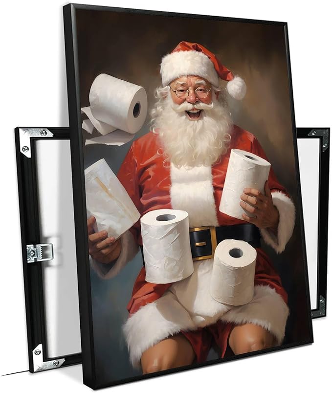Framed Canvas Santa Bathroom Wall Art Toilet Humor Decor Vintage Christmas Holiday Wall Art Restroom Amusing Gift Santa Toilet Rolls Funny Poster 16x24in Metal blackFramed