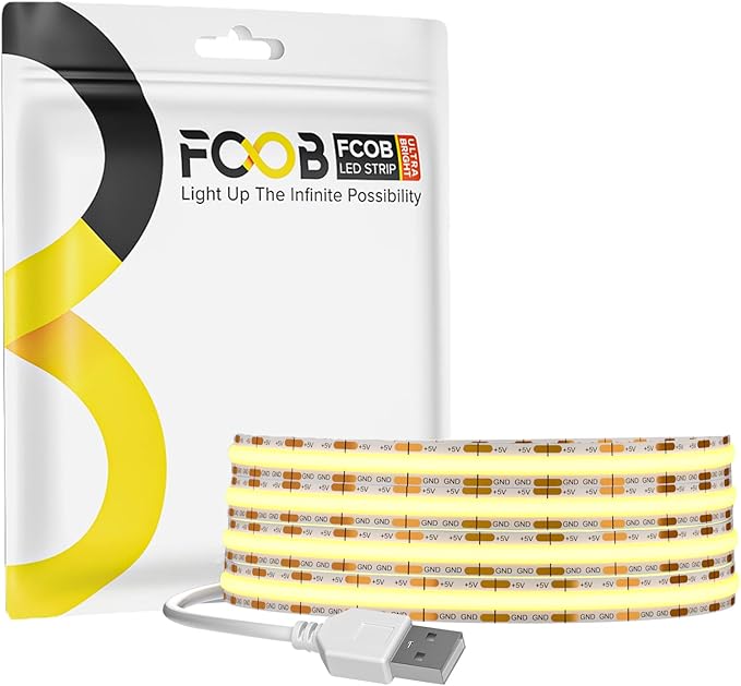 USB LED Light Strip 6.56FT, 5 Volt USB Powered COB LED Tape Lights, 6000K Daylight White 8mm High Density Flexible Strips CRI90+ for TV Backlight Under Cabinet Bedroom, No Controller and Power