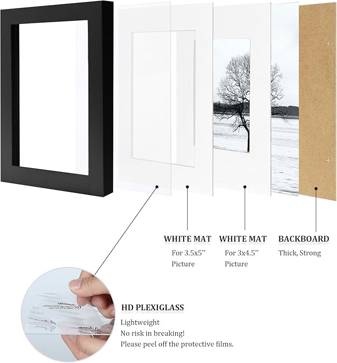 Egofine 4x6 Set of 6, Made of Solid Wood Covered by Plexiglass 3x4.5 and 3.5x5 with Mat or 4x6 without Mat, for Table Top Display and Wall Mounting Photo Frame, Black