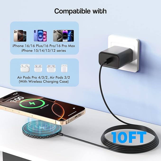 10FT Magnetic iPhone Charger[Apple MFi Certified], Apple Magsafe Wireless Charger,2Pack Magnetic Wireless Charging Pad with USB-C Charging Block for iPhone 17/17Pro/16ProMax/15/14/13/12 Series,AirPods