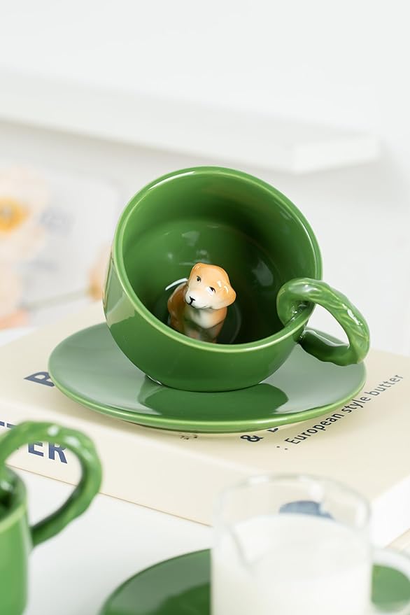 DIHOclub Ceramic Coffee Mug With Saucer 3D Dog Sculpture With Tail Handle - Elegant Office & Gift-Ready Tea Cup for Pet Lovers, Birthday, Christmas (Green Dog)