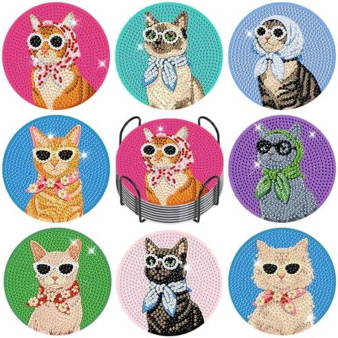 Diamond Art Coasters Kit for Adults, 8PCS Funny Cat Coasters with Holder by GEEHEIY