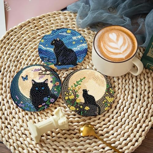 askkqtx 8 Pcs Black Cat Diamond Art Coasters Kits with Holder 4X4 Inch - Image 2