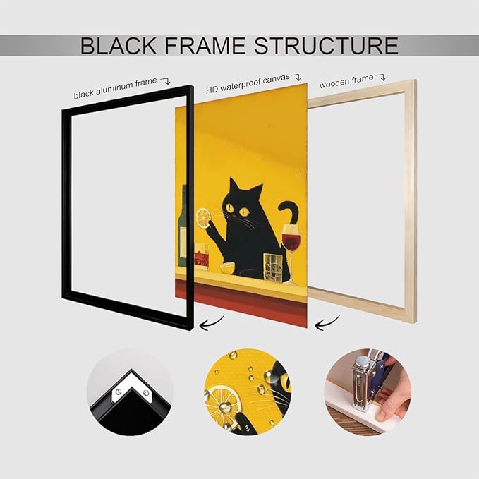 Black Cat Bartender Canvas Wall Art, Cute Cat Portrait Cocktail Poster, Trendy Bar Cart Wall Decor, Whimsical Animal and Alcohol Oil Painting, Home Bar Man Cave Art Print 8x12in Wrapped Canvas