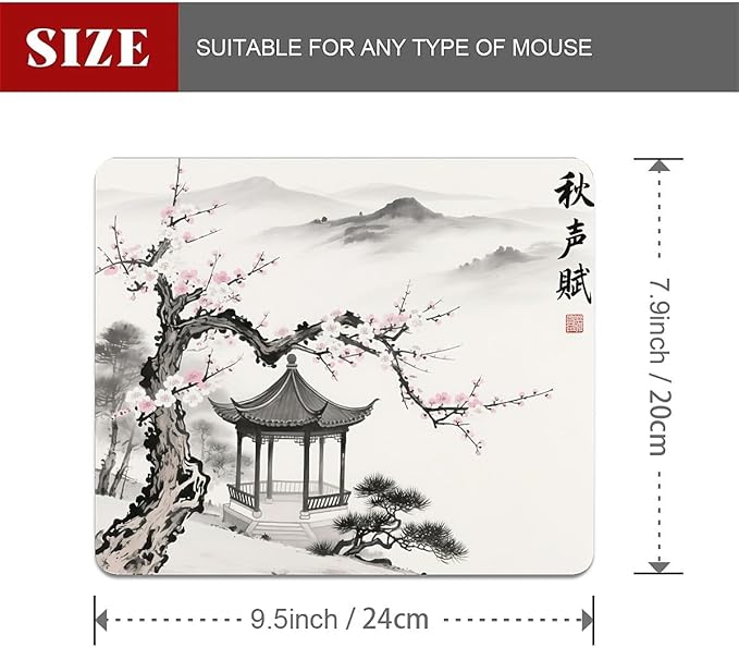 Square Mouse Pad China Ink Landscape, Personalized Premium-Textured Custom Mouse Mat Design, Washable Mousepad Cloth, Non-Slip Rubber Base Computer Mouse Pads for Wireless Mouse