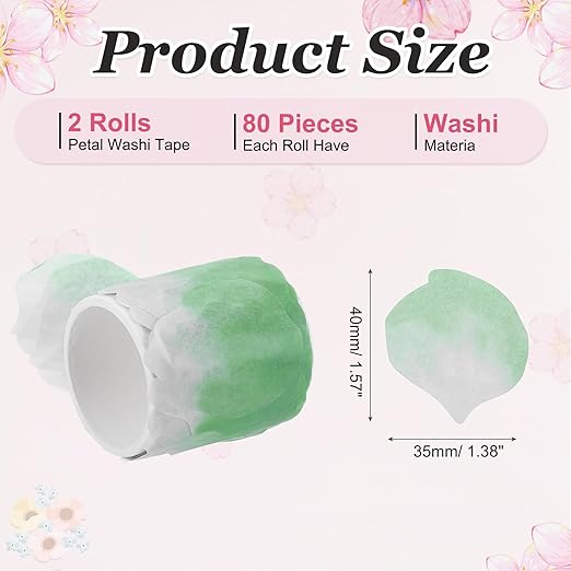 uxcell 2 Rolls Petal Washi Tape, 80 Pieces Floral Decorative Tape Colored Masking Tapes Crafting Supplies for DIY Crafts, Gift Wrapping, Scrapbook, Party Decorations, Large Light Green