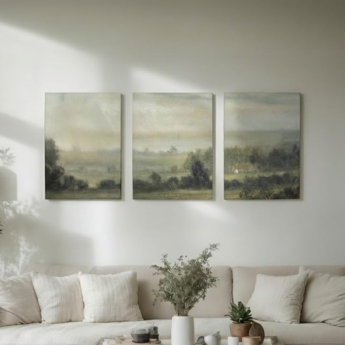 3 Pcs Framed Vintage Landscape Wall Art Landscape Green Forest Prints Nature Countryside Painting Poster Pastoral Rustic Farmhouse Wall Decor for Living Room Bedroom 12x16 inch Ready to Hang