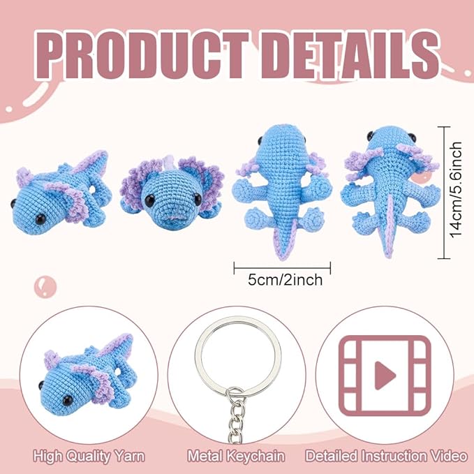 ACRNIGHEET Crochet Kit for Beginners 8 Pcs Axolotl Keychain Crochet Kit Kinitting Kits for Beginners Adults Amigurumi Keychain Crafts for Bag Ornament with Step-by-Step Video Tutorials