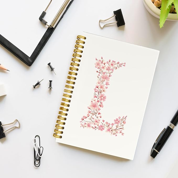 Pink Cute Spiral Notebook Journal, Preppy Floral Initial Letter L Personalized Journaling Notebooks, Monogrammed Gifts for Women Girls, Botanical Hardcover Spiral Lined Notebook 5.5 x 8.3