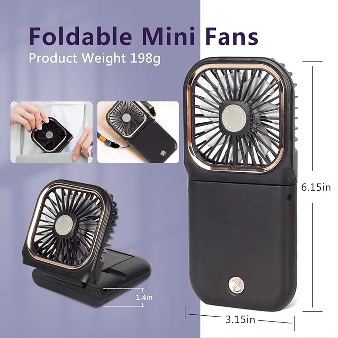 Portable Mini Fan - 5 in 1 with Power Bank, Phone Holder, Handheld & Desk Fan - USB Rechargeable, 3000 mAh Power Bank, 3 Speed Adjustable, Neck Lanyard - Black