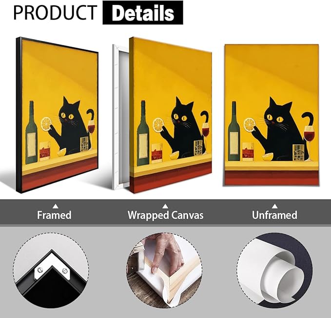 Black Cat Bartender Canvas Wall Art, Cute Cat Portrait Cocktail Poster, Trendy Bar Cart Wall Decor, Whimsical Animal and Alcohol Oil Painting, Home Bar Man Cave Art Print 8x12in Wrapped Canvas
