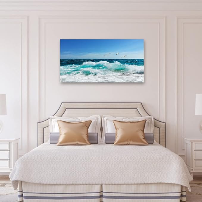 tigeridge Sea Beach Canvas Wall Art for Living Room Wall Decor Ocean Waves Canvas Pictures Blue Surfing Water Seagull Canvas Prints Artwork Office Home Wall Decorations Framed Ready to Hang 29" x 58"