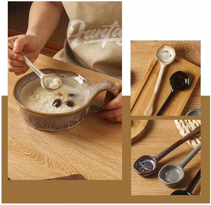 4-Pack - Ceramic Vintage Afternoon Tea, Coffee Whisk, Handmade Spoon, Long-Handle Coffee Scoop, tea scoop for loose tea, Size 5.9 * 1.5in(15 * 4cm)
