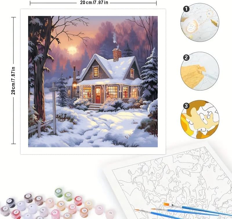 Winter Cottage Digital Painting Kit for Adults - DIY Snowy House at Sunset Oil Painting on Canvas 7.87x7.87in, Framed Acrylic Paint Kit, Good for Beginners, Seasonal Wall Art or Gift Artwork - Image 2