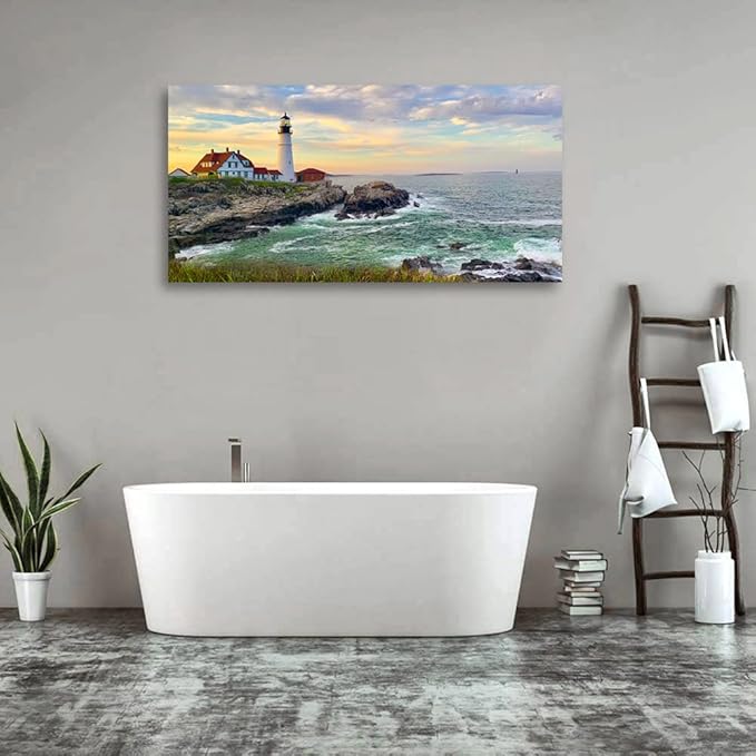 tigeridge Portland Head Light Wall Art Sunset Lighthouse Canvas Wall Art for Living Room Ocean Canvas Pictures Seascape Artwork Canvas Prints Office Home Wall Decor Framed Ready to Hang 30" x 60"