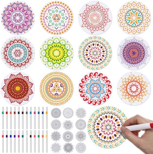 Potchen 12 Pcs Color Your Own Coaster DIY Kits,Mandala by Potchen