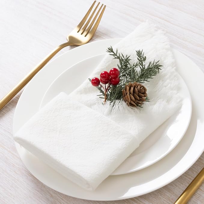 6 Pack Ivory White Cotton Linen Napkins with Fringe Christmas White Cloth Napkins Set of 6 Boho Handmade Dinner Napkins Bulk for Wedding Bridal Baby Shower Valentine's Day, 17 x 17 Inches