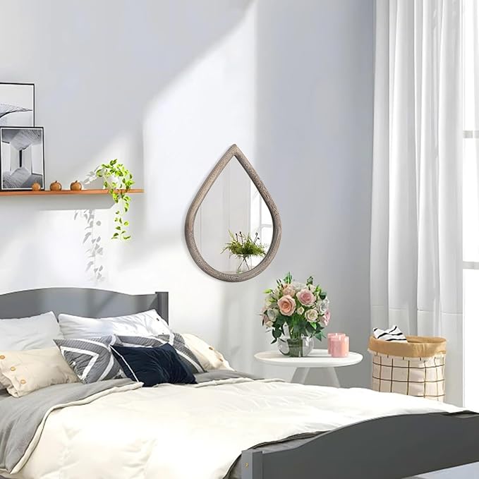 Small Mirror for Wall Solid Wood Bathroom Mirror Farmhouse Teardrop Wall Hanging Mirrors Decorative for Entryway Hallway Living Room Bedroom Retro Brown
