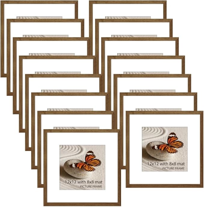 Memory Island 12x12 with 8x8 Photo Frames for Wall and Tabletop Display, 12 by 12 Walnut Wood Picture Frames with HD Plexiglass, Set of 15