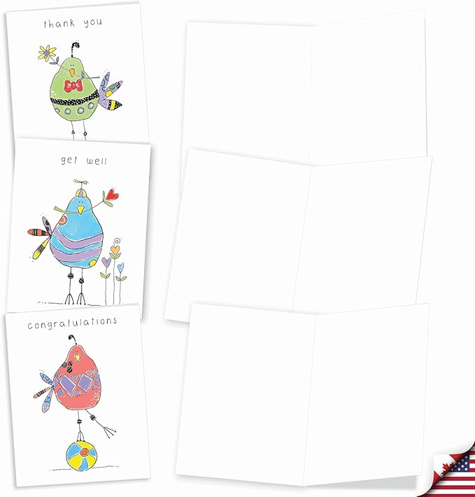 The Best Card Company - 20 Mixed Occasion Note Cards (4 x 5.12 Inch) - Assorted Boxed Cards for Multiple Occasions (10 Designs, 2 Each) - Wordy Birdies AM3176XXB-B2x10