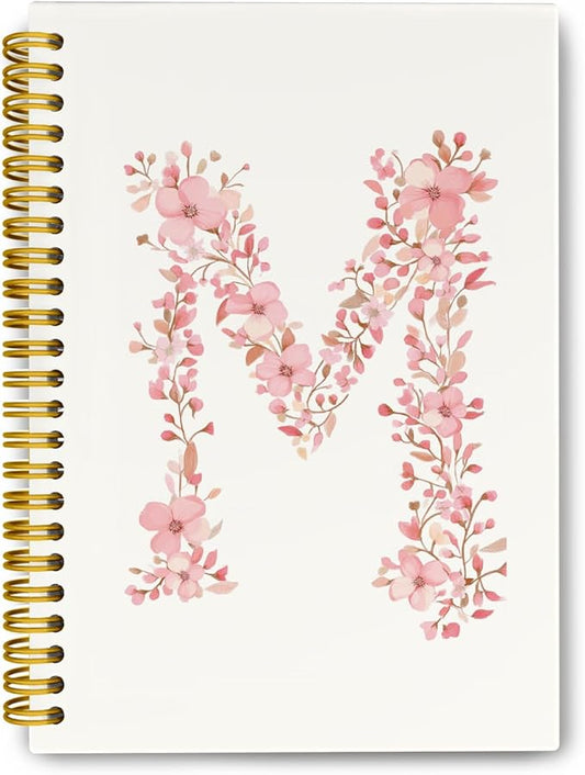 Pink Cute Spiral Notebook Journal, Preppy Floral Initial Letter M Personalized Journaling Notebooks, Monogrammed Gifts for Women Girls, Botanical Hardcover Spiral Lined Notebook 5.5 x 8.3