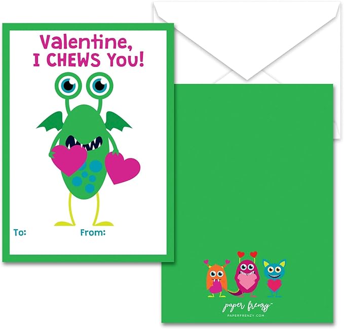 Paper Frenzy Friendly Monster Themed Valentines - 25 pack WITH ENVELOPES