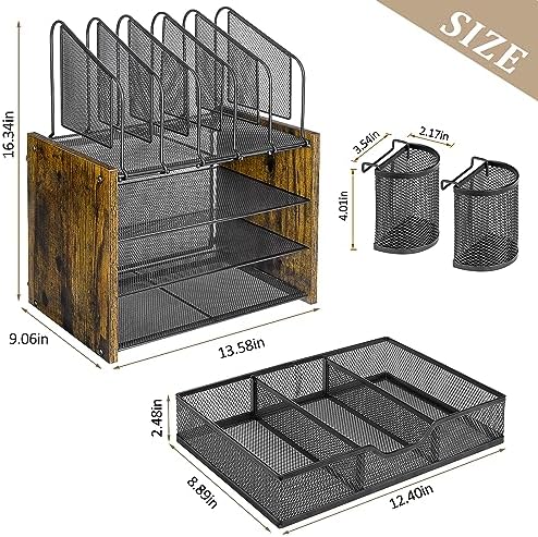 DAOUTIME 4-Tier Mesh Desk Organizer, Wooden Desk File Organizer with 5 Vertical File Holders and 2 Pen Holders, Desktop Organizers and Accessories with Drawer for Home Office - Image 6