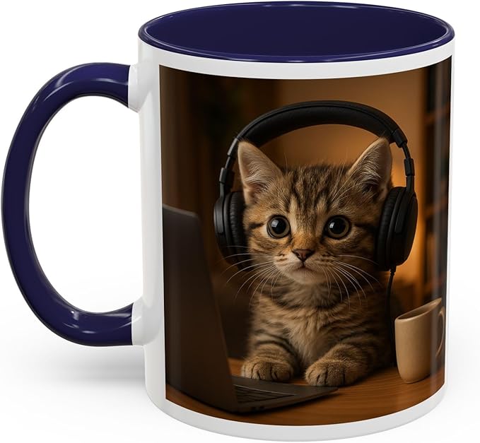 Adorable Cat Coffee Mug, Cute Kitten with Earphones, Pet Lover Gift, Tea Cup, Animal Lover Mug, Coffee Cup