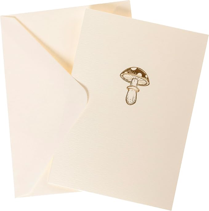 Graphique Mushroom Cards, Pack of 10 Cards with Envelopes, All Occasion Greetings, Blank Inside, Gold Foil Embossing, La Petite Press Collection Boxed Set, 3.25" x 4.75"