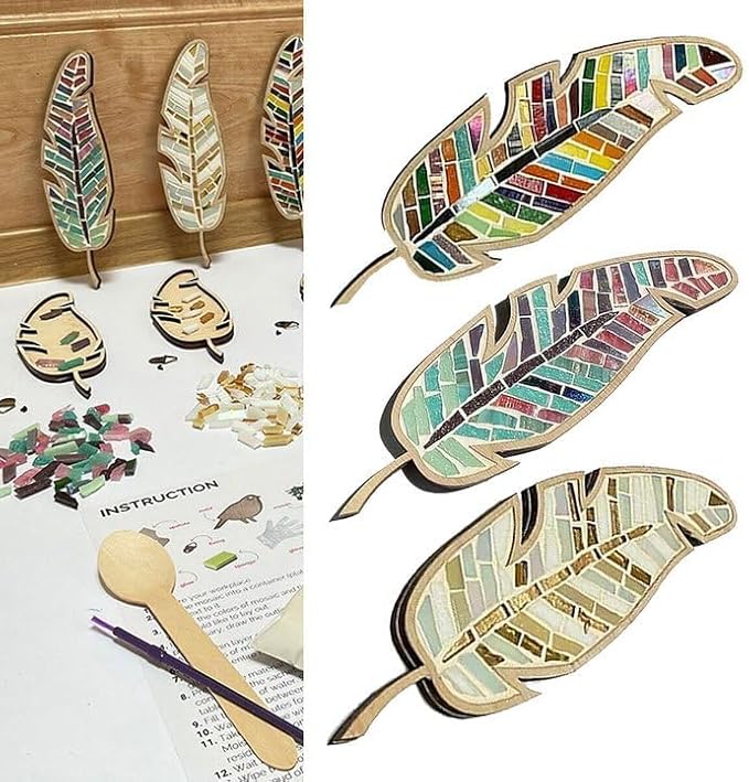 TATREBCRE DIY Mosaic Kit for Adults & Kids – Feather, Bird, Cat & Heart Designs – Christmas Gift Arts and Crafts Kit with Grout & Tools – Easy Mosaic Craft for Beginners (Three-Colored Feathers)