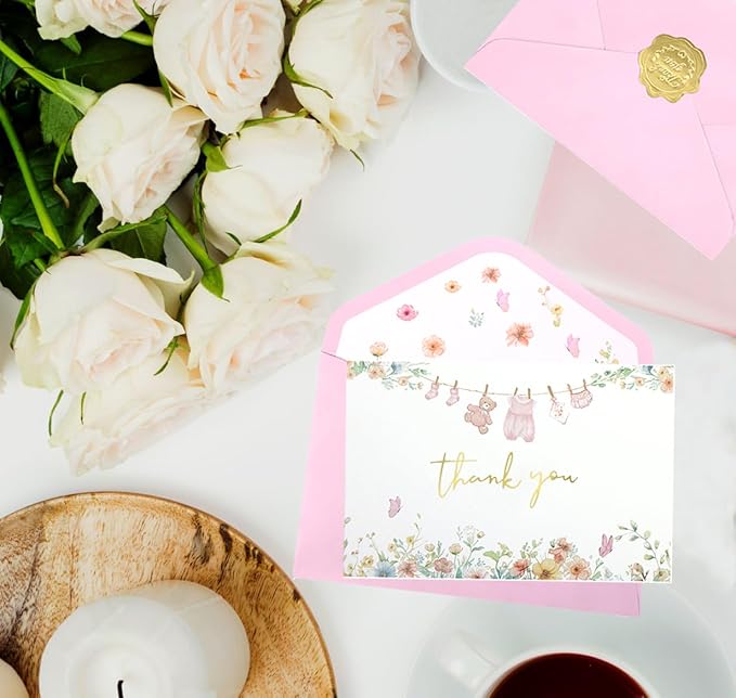 50 Pack Pink Baby Shower Thank You Cards Shower Pink Gold Foil Greeting Card with Envelopes And Stickers Set Bulk for Baby Shower Birthday Party (Pink Gold)