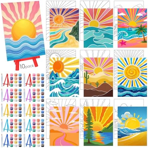 Blosssound 10 Set Pre Printed Sunrise Canvas Pre Drawn Canvas Painting with Easel Kits 5" x 7" Outline Painting Panels for Beginners, DIY Craft Project, Party Favor, Home Decors by Blosssound