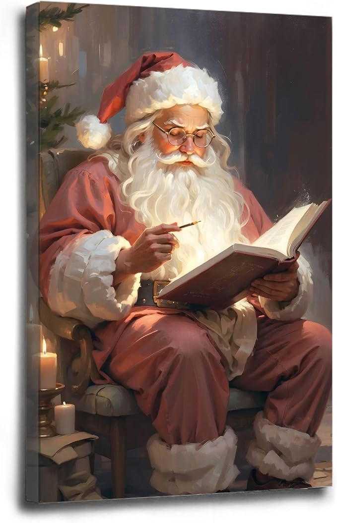 Framed Canvas Wall Art Vintage Christmas Wall Art Santa Writing Book Oil Painting Cottagecore Decor Academia Christmas Decor Winter Print 20x30in Wood Framed