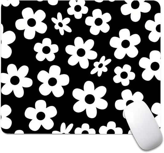 Square Mouse Pad Black White Flowers, Personalized Premium-Textured Custom Mouse Mat Design, Washable Mousepad Cloth, Non-Slip Rubber Base Computer Mouse Pads for Wireless Mouse