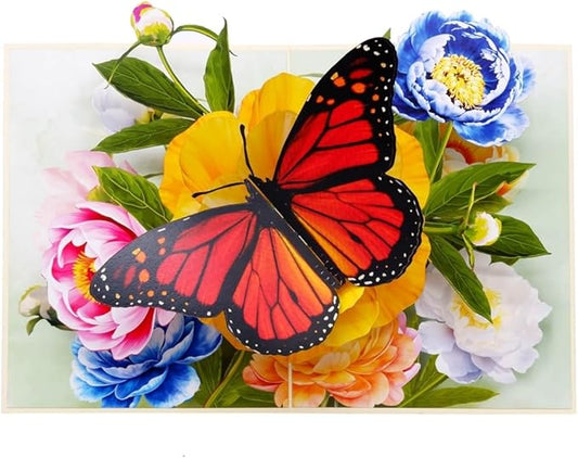 3D Pop Up Greeting Card – Vibrant Butterfly with Colorful Peony Flowers – Unique Card for Birthday, Mother’s Day, Anniversary & Special Occasions, F61