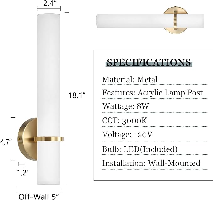LED Dimming Wall Sconces 8W, 3000K Warm Lights Dimmable, White Lampshade Bathroom Vanity Lighting Wall Light Fixtures for Bedroom Dining Living Hallway, Antique Gold