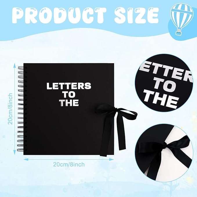 BINBE 8 x 8 Inch Letters to The Baby Scrapbook DIY Blank Paper Album Memory Book for Kids Sign with Pearl Scrapbook Photo Stickers, Metallic Letters, Bows (Black)