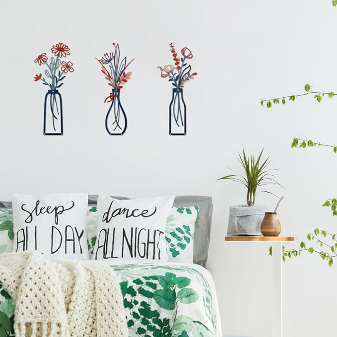 Bochino 3 PCS Metal Flowers Wall Arts, Rustic Farmhouse Decor Minimalist Flower Wall Decors for Living Room Bathroom Bedroom Dining Room Kitchen, Perfect Housewarming Gifts (M-Red Navy Blue)